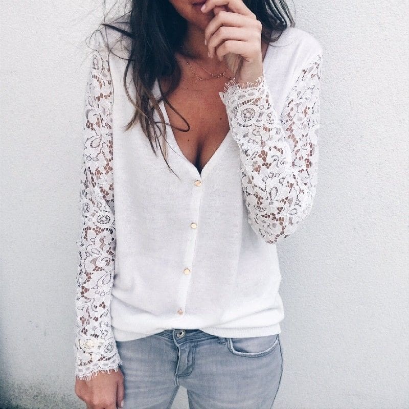 Women Blouses V Neck Blouse Floral Lace Long Sleeve Blouse Female Shirts Women Tops Blouses Black White Ladies Clothes