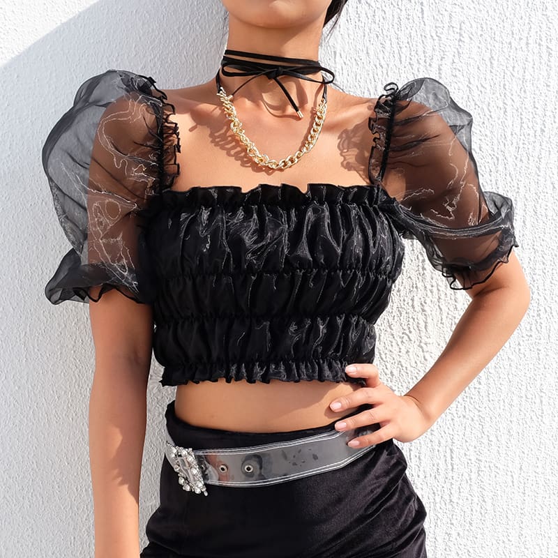 New Women Ruffle Puff Sleeve Shirt Fashion Ladies Summer Casual Blouse Crop Cami Tops Shirt Beach Holiday Clothes