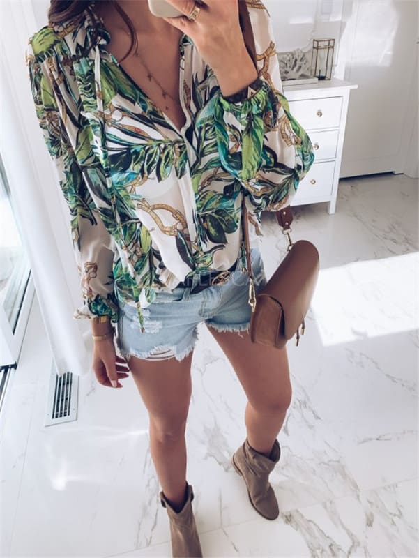 Fashion Women Ladies Summer Long Sleeve Shirt V Neck Loose Casual Blouse Tops Shirt Women Holiday Clothes