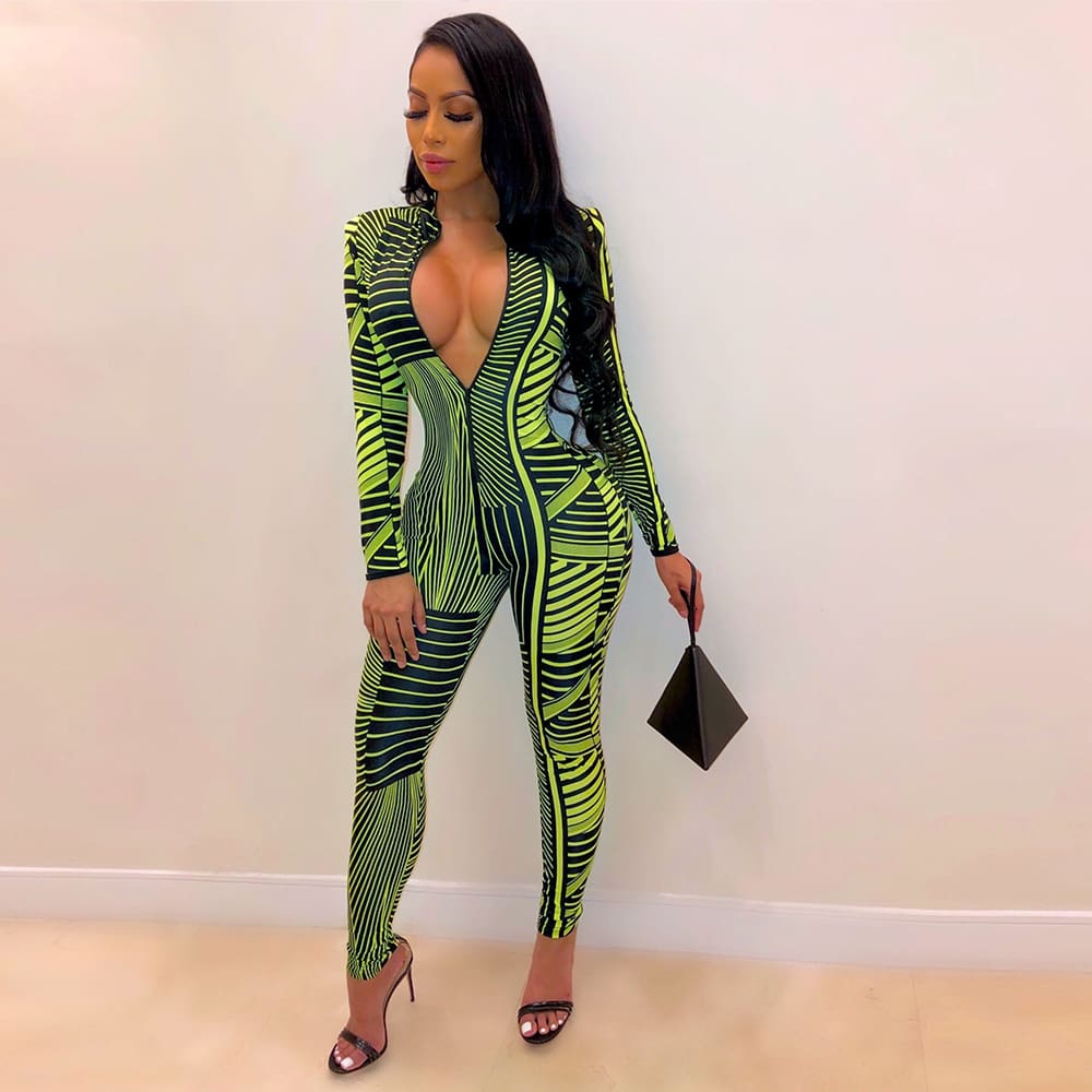 2019 New Fashion Womens Summer Long Sleeve Sexy Floral Jumpsuit Ladies Casual Zipper Slim Fit Jumpsuit Clubwear