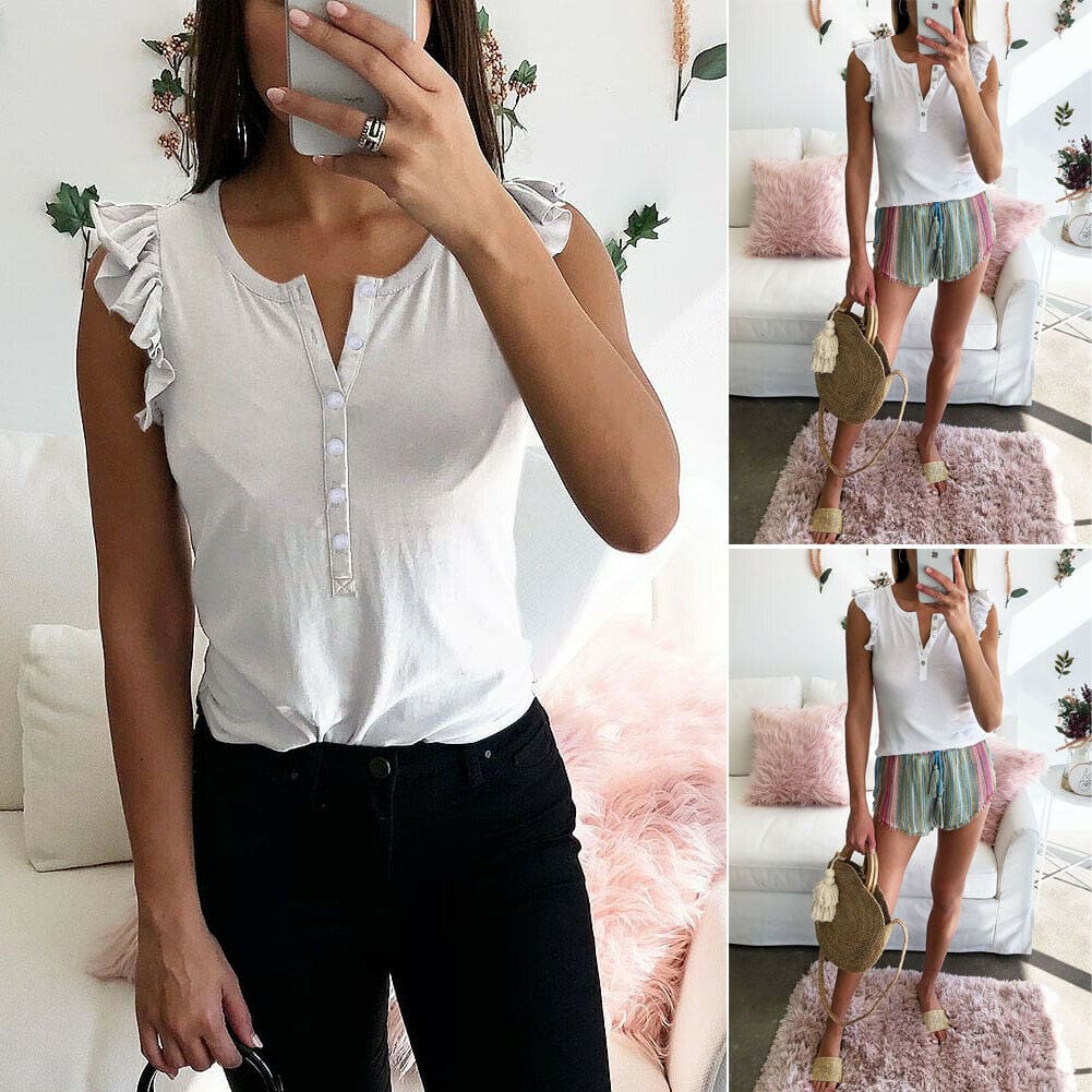 Women Boho Ruffle Tank Top Vest Button Sleeveless V-Neck Loose New Summer Beach Solid Casual Blouse Shirts