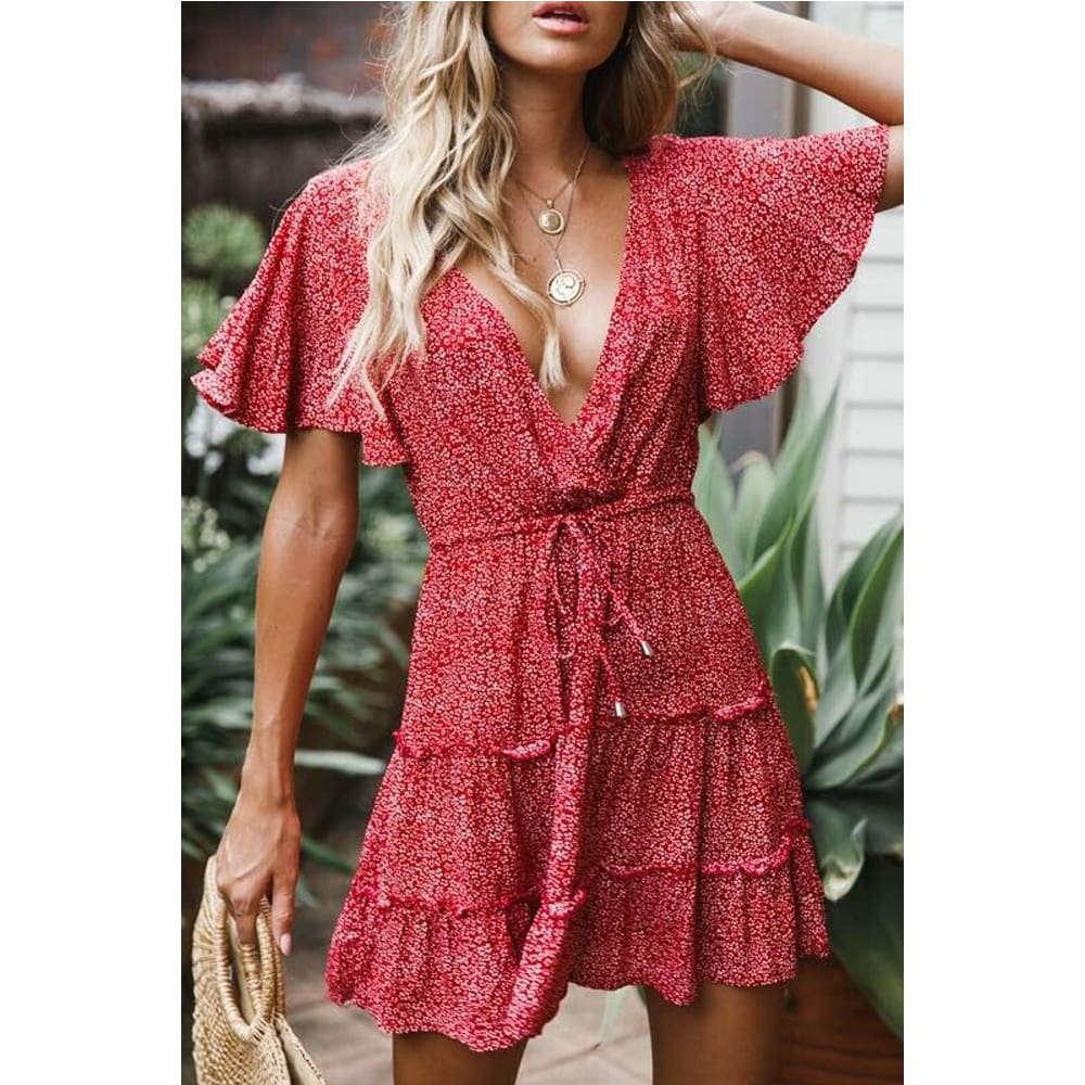 Womens Boho Floral Short Sleeve Dress Ladies Summer Party Beach V-Neck Casual Short Mini Dress Sundress