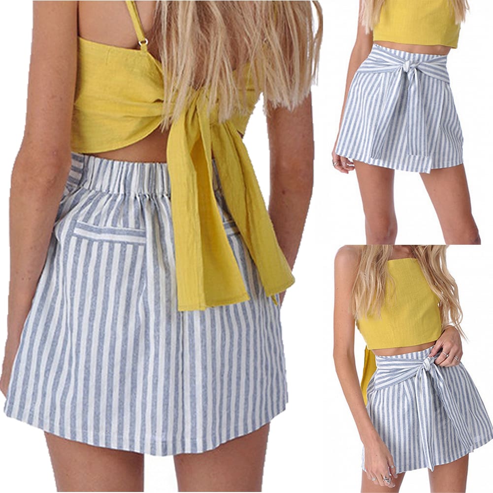 Women Cotton&Linen Tennis High Waist Knot Skater Striped Pleated Flared A Line Circle Elastic Stretch Waist Short Mini Skirt