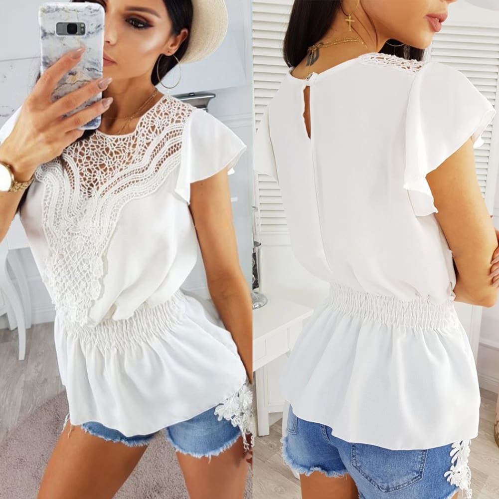 Women Round Neck Short Sleeve Tops Hollow Out Casual Blouse Loose Summer Elegant Crochet Lace Crop Tops Shirt