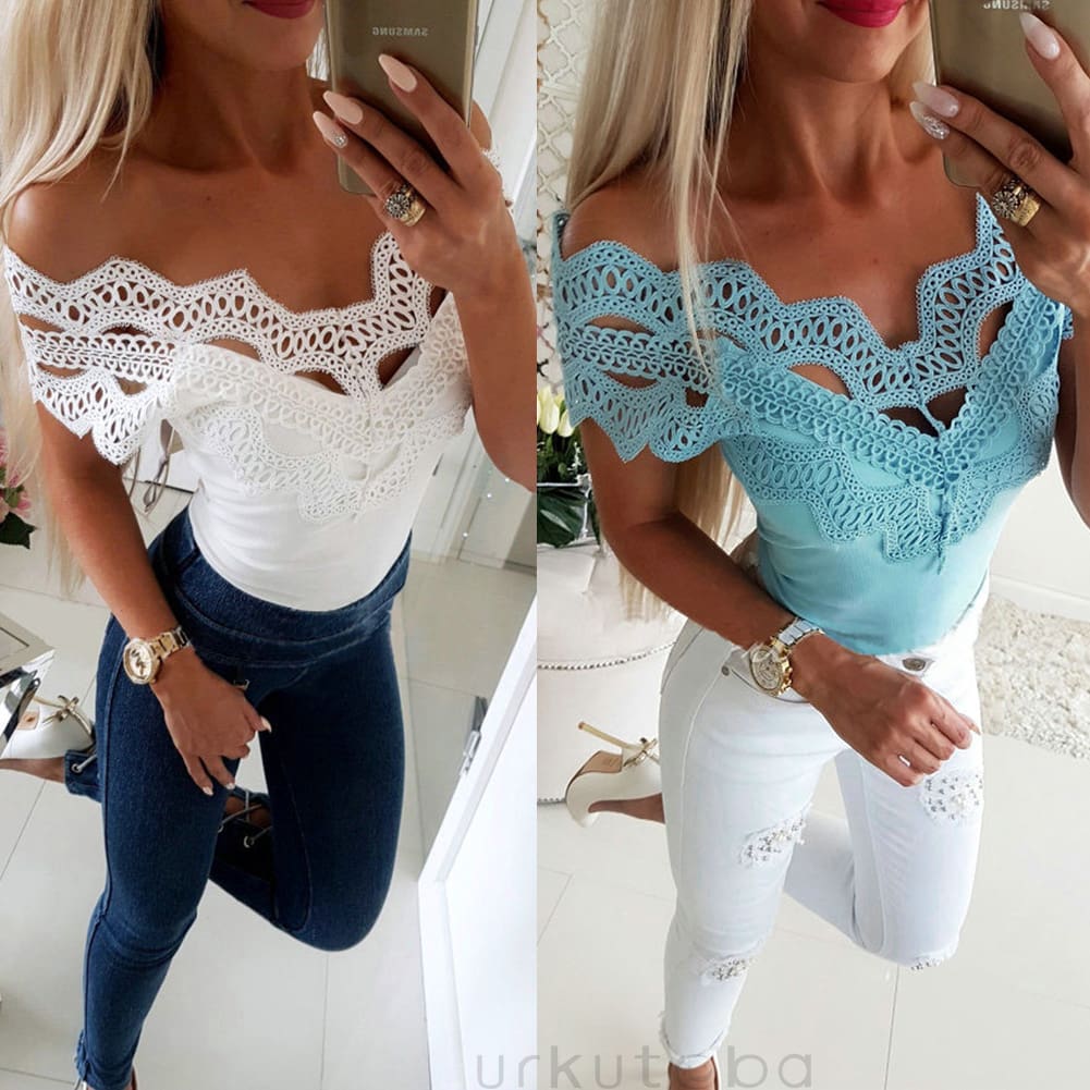 Elegant Casual Off shoulder Lace Slim T-Shirt Top Ladies Sleeveless V-Neck Tops Sexy Slim Solid Shirts