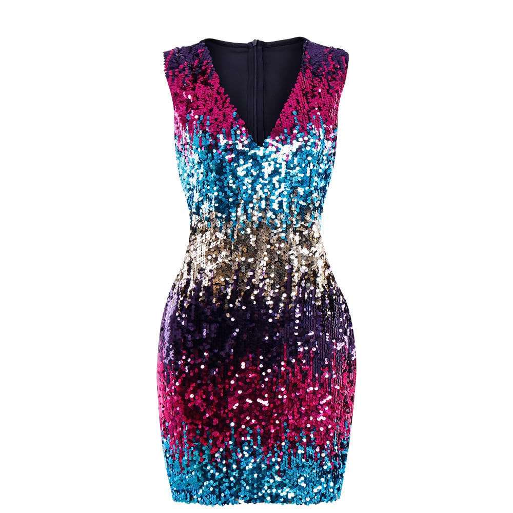 Fashion Women Summer Sleeveless V-Neck Bodycon Sequin Party Short Mini Dress Ladies High Waist New Sexy Party Dress