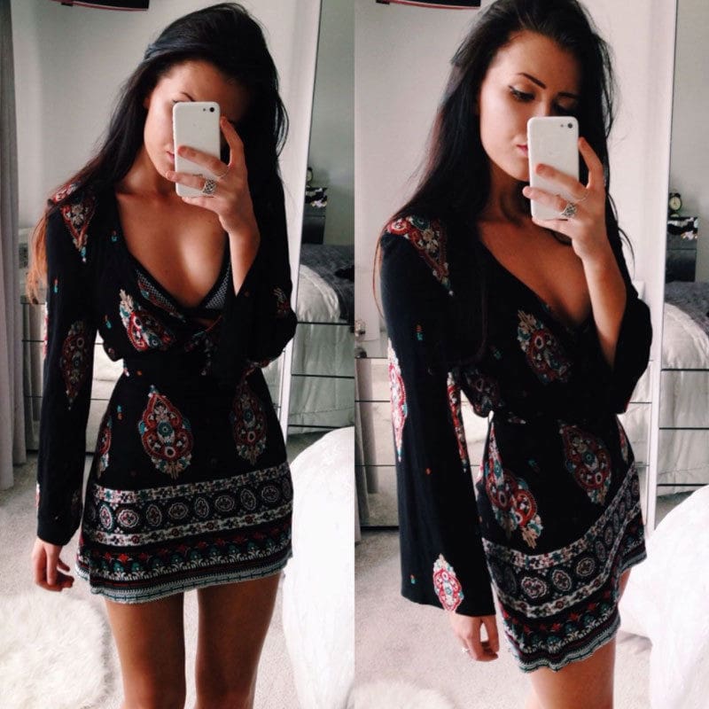 Women Short Summer Dress Casual V Neck Long Sleeve Printed Dress