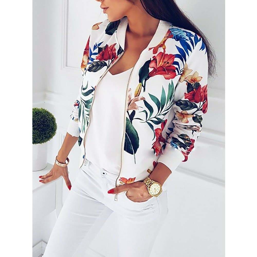 Retro Floral Printed Short Jacket Woman Zipper Bomber Female Spring Outwear Casual Long Sleeve Fashion Womens Clothes