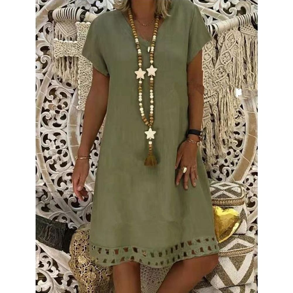 Women Summer Boho Short Sleeve Dress Solid V Neck Beach Loose Tops Dresses