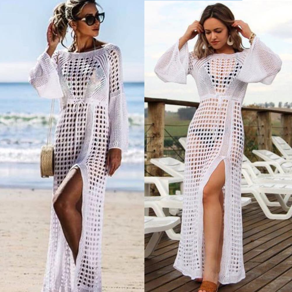 Women Hollow Knitted Beach Long Sleeve Dress Ladies Swimwear Bathing Suit