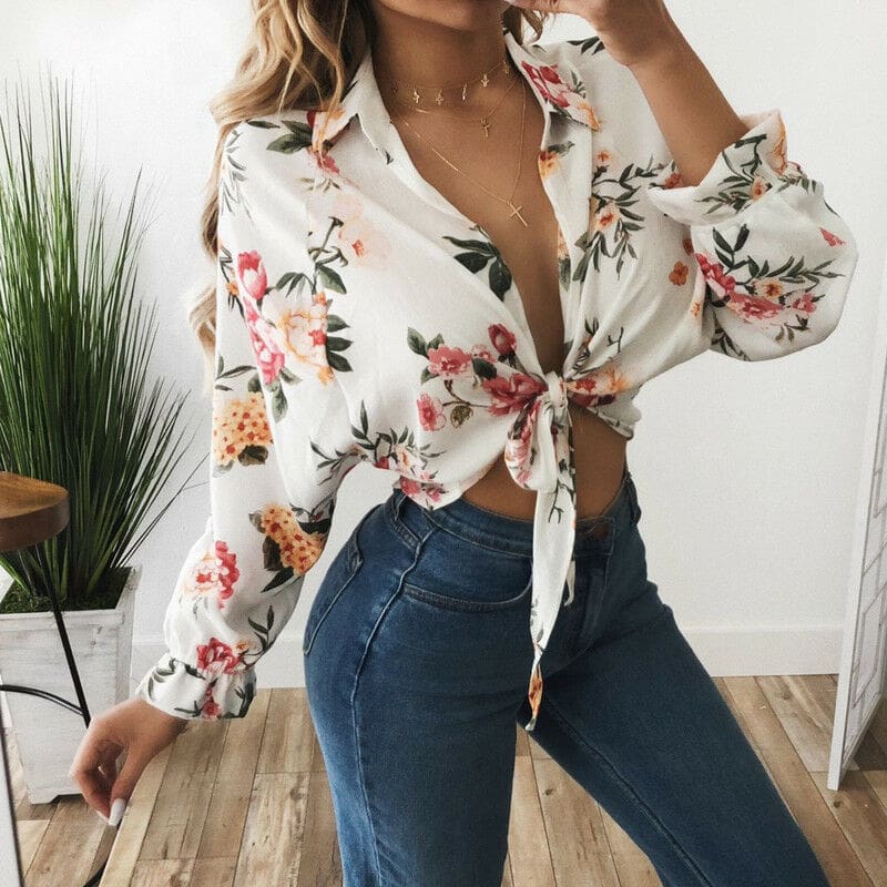 Summer Fashion Bohemian Sexy Women Tops Shirt Long Sleeve Strapless Belt Summer Floral Print Short Tops