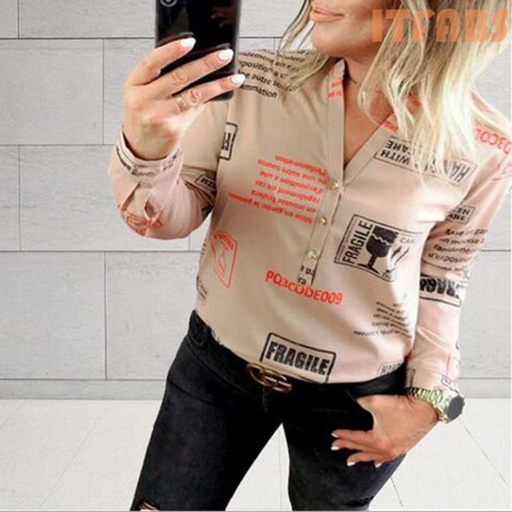 Women Long Sleeve V-neck Button Letter Print Shirt New Fashion OL Ladies Casual Long Sleeve Shirt 2 Colors