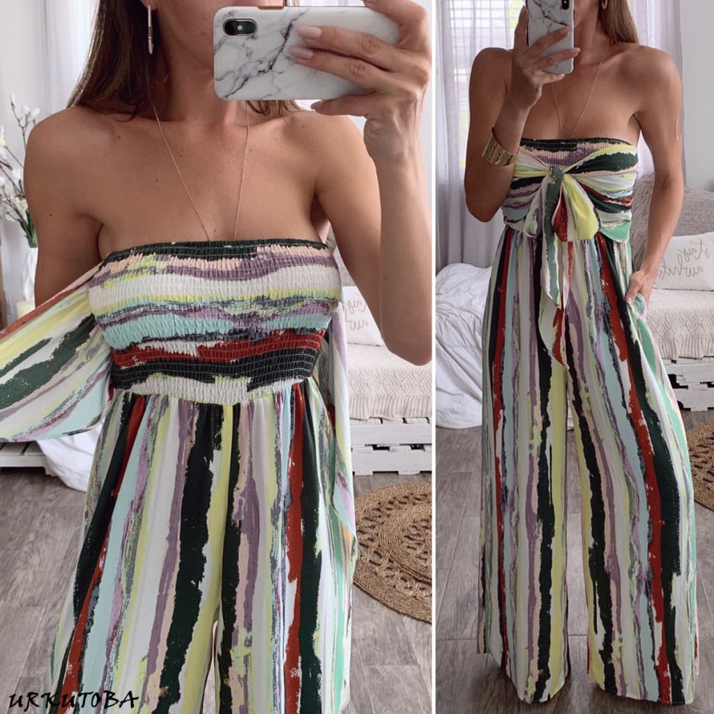 Fashion Women Sleeveless Loose Wide Leg Jumpsuit Overalls Summer Holiday Stripes Bandeau Casual Trousers Romper