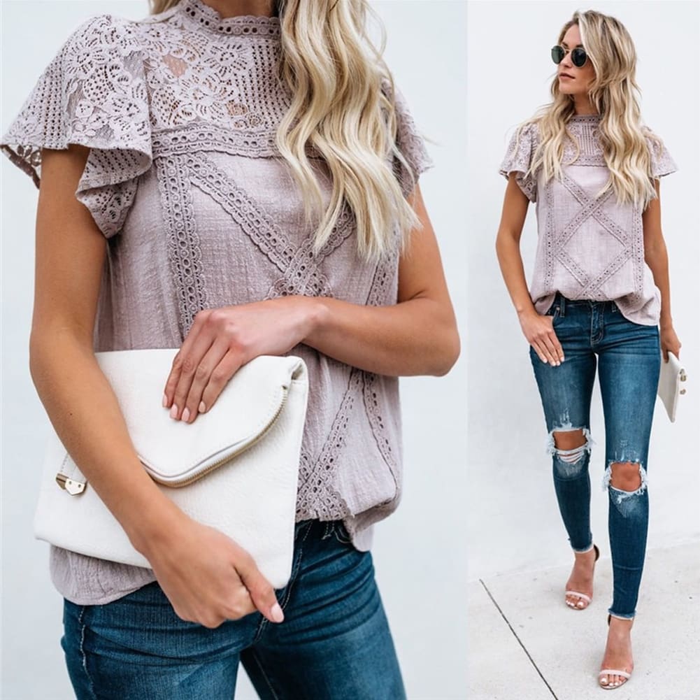 HOT Women Lace Patchwork Office Top Shirt 2019 Fashion Ladies High Neck Casual Loose Summer T-Shirt Streetwear