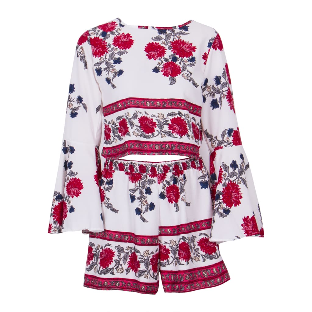 2PCS New Women Floral Bodycon Long Sleeve Crop Top + Shorts Set Summer Holiday Mini Playsuits Boho Floral Beachwear