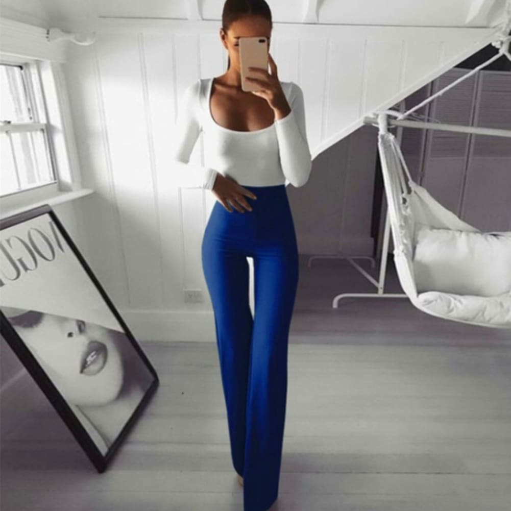 Summer Autumn Solid Elegant Female Lady Womens Palazzo Flared Wide Killer Legs Pants High Waist OL Ladies Career Long Trousers