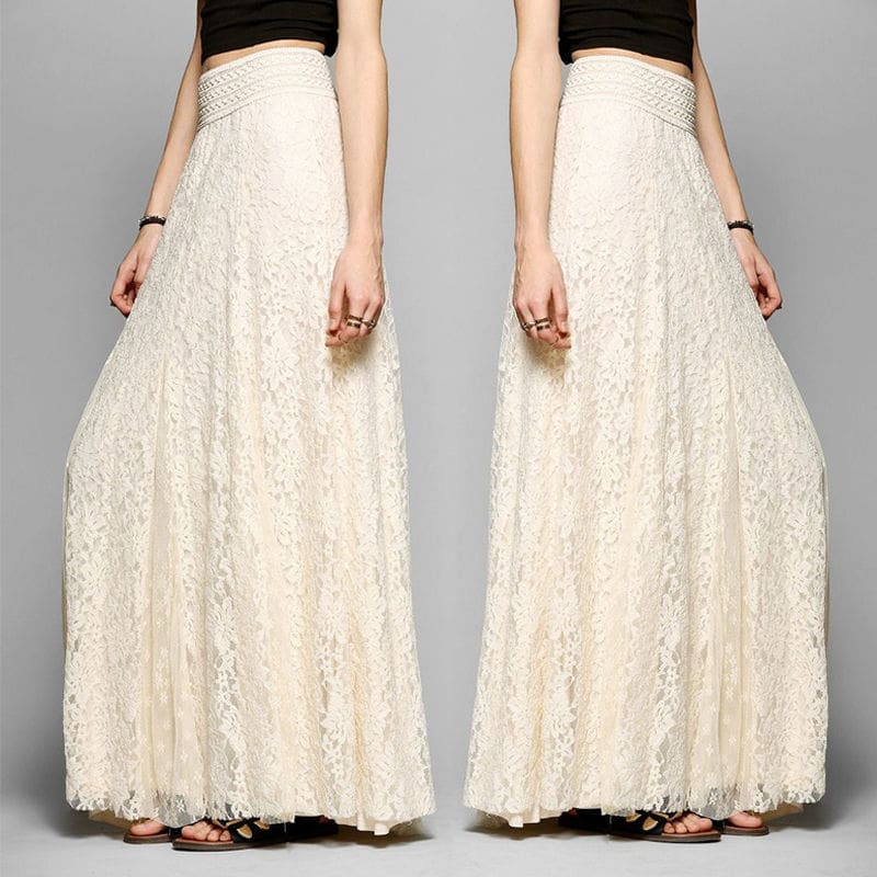 New Fashion Women High Waist Beach Skirt Stretchy Double Lace Layer Chiffon Maxi Casual Long Skirt Summer Beach Sundress