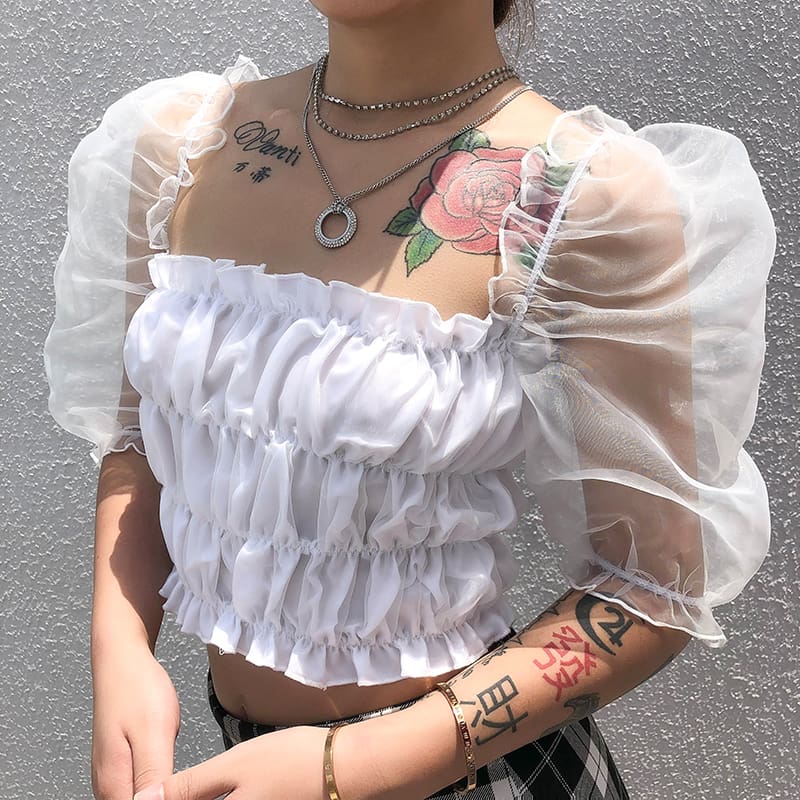 New Women Ruffle Puff Sleeve Shirt Fashion Ladies Summer Casual Blouse Crop Cami Tops Shirt Beach Holiday Clothes