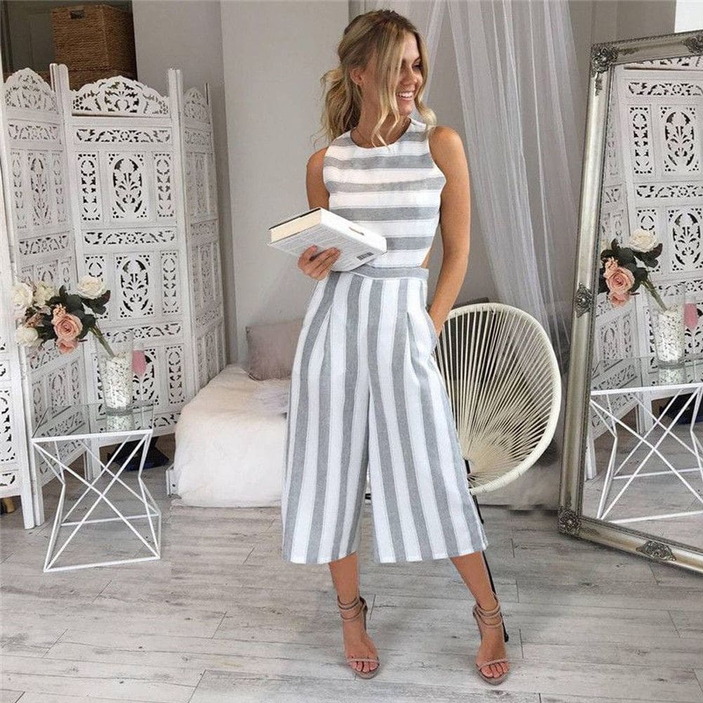 Hot Women Sleeveless Striped Wide Leg Jumpsuit Casual Clubwear Loose Wide Leg Pants Outfit Playsuit Overalls