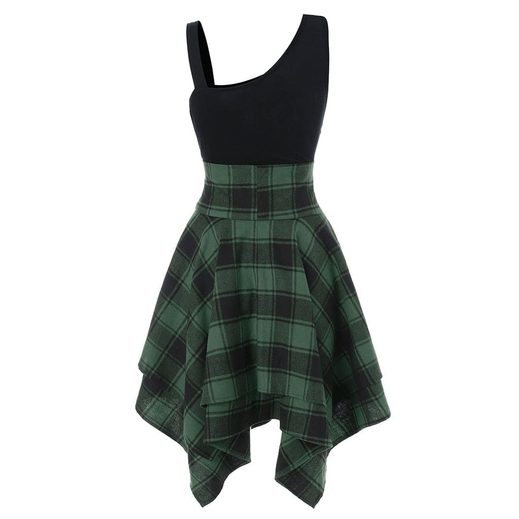 Women Sleeveless Cold Shoulder Cross Lace Up Plaid Asymmetrical Dress