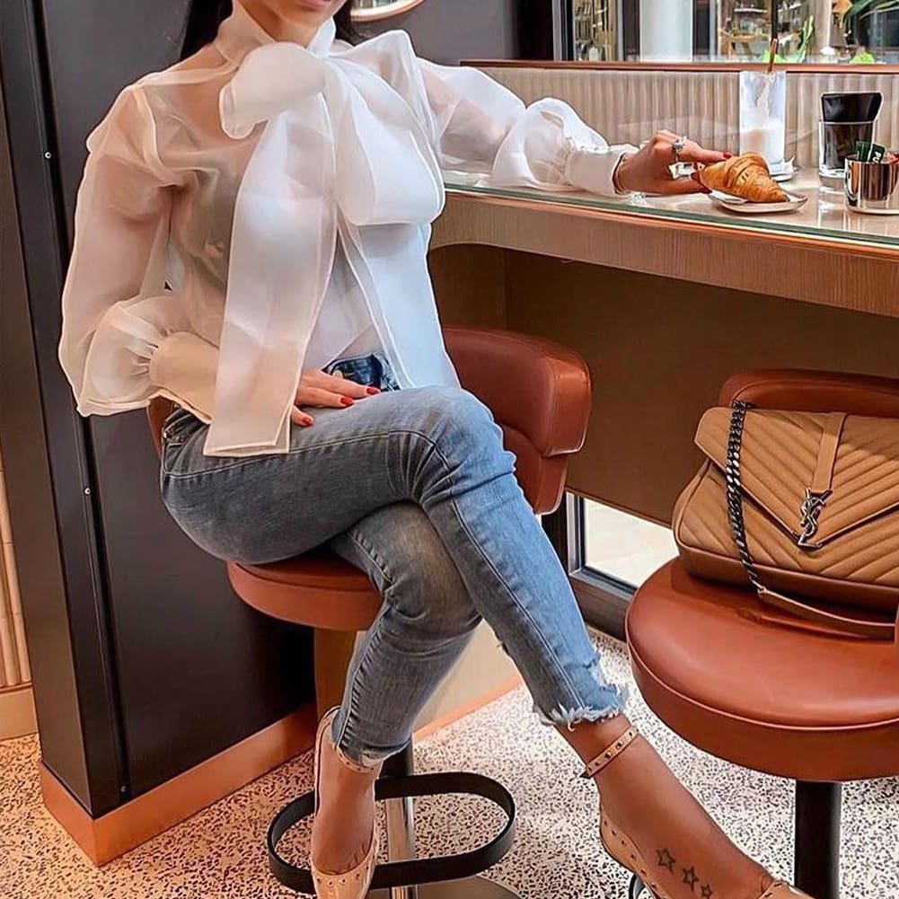 Fashion Womens Summer Chiffon Long Sleeve Bow Shirt Office Lady Loose Casual Blouse Solid Tee Tops New Style