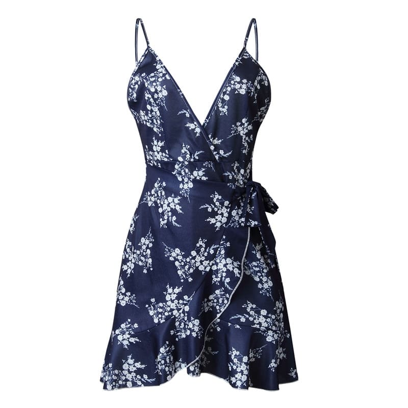 Print Ruffled Wrap Dress Women Strap Mini Sundress