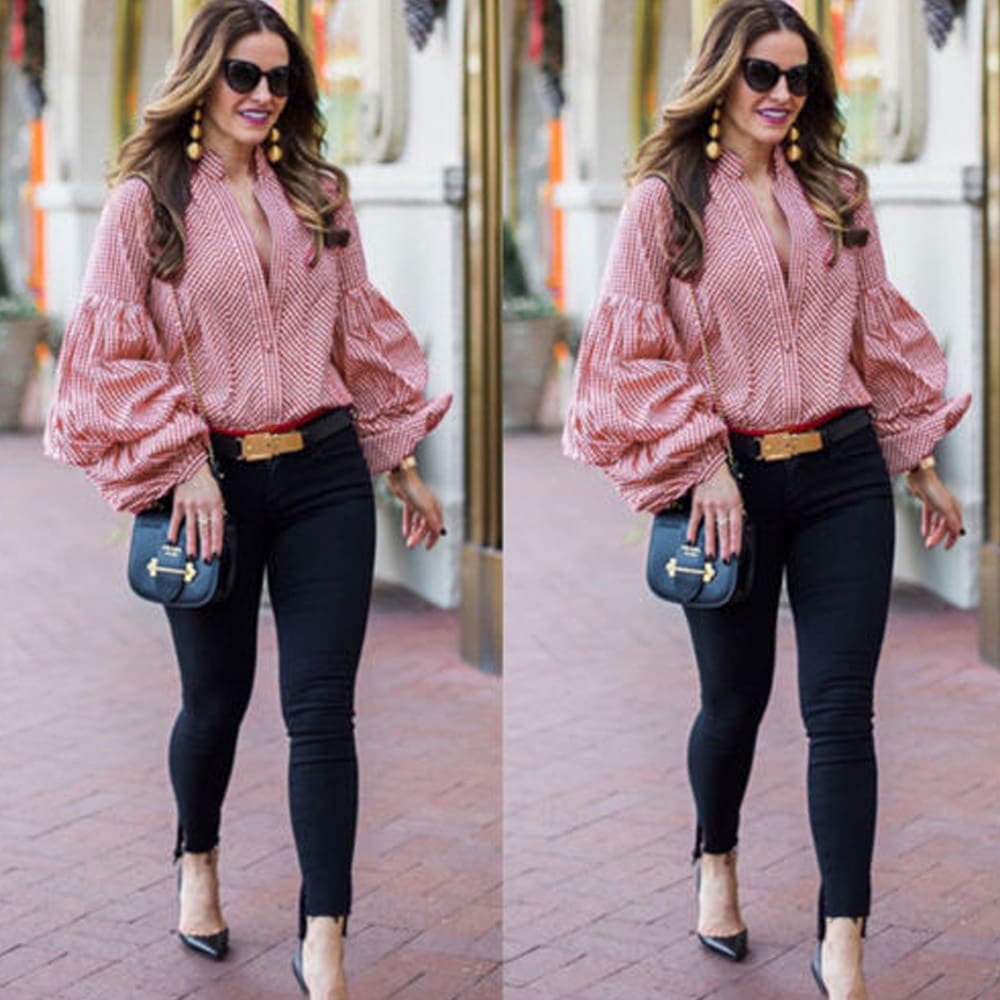 Women Fashion Long Puff Sleeve Blouse Formal Pullover Jumper Crop Tops Casual Loose Stripes Shirt Women Clothing