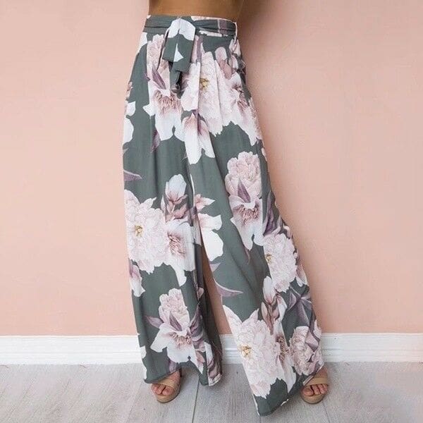 Fashion Women Boho Floral High Waist Long Pants Palazzo Baggy Wide Leg Ladies Summer Loose Casual Trousers