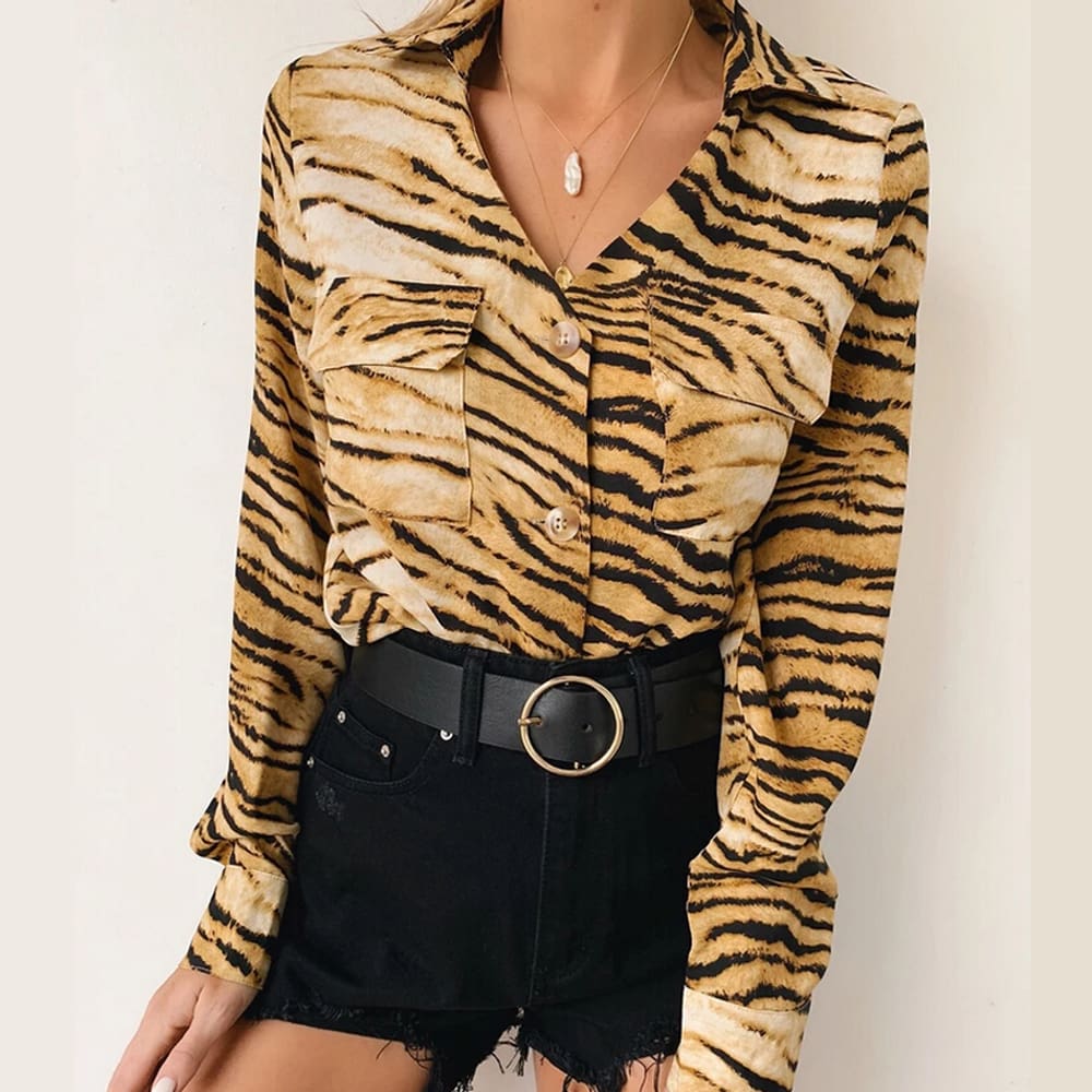 Fashion Women Leopard Long Sleeve Casual Loose Tops Shirt Pocket Autumn New OL Ladies Button Shirts Tee