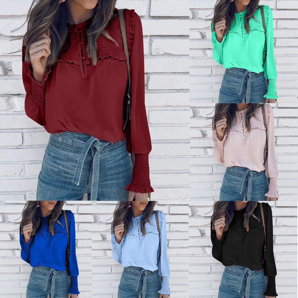 Plus Size Fashion Women Ladies Summer Casual Long Sleeve Loose Blouse Holiday New Chiffon Solid Blouse Shirt Tops