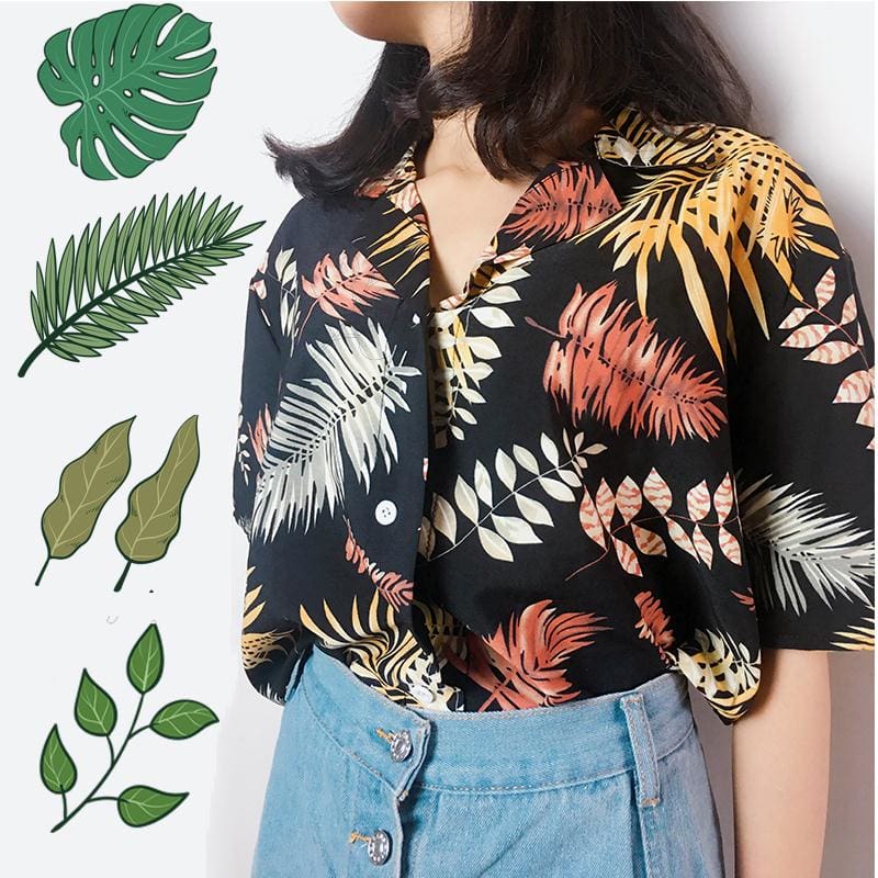 New Women Summer Casual Loose Half Sleeve Blouse Fashion Ladies Leaf Printed Tops Lapel Shirts Beach Holiday Tops