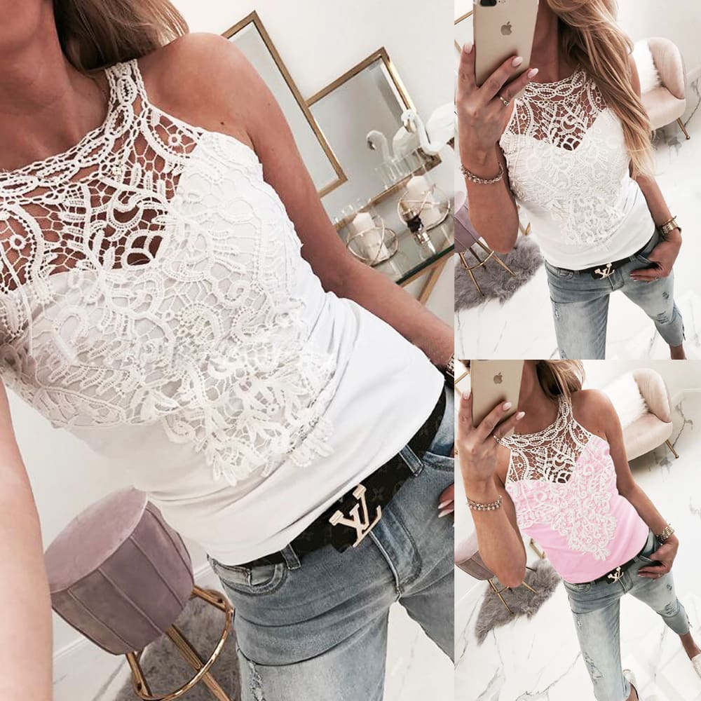 Lace Tank Top Vest Blouse Sleeveless Fashion Solid Beach Crop Top Shirt Cami Top