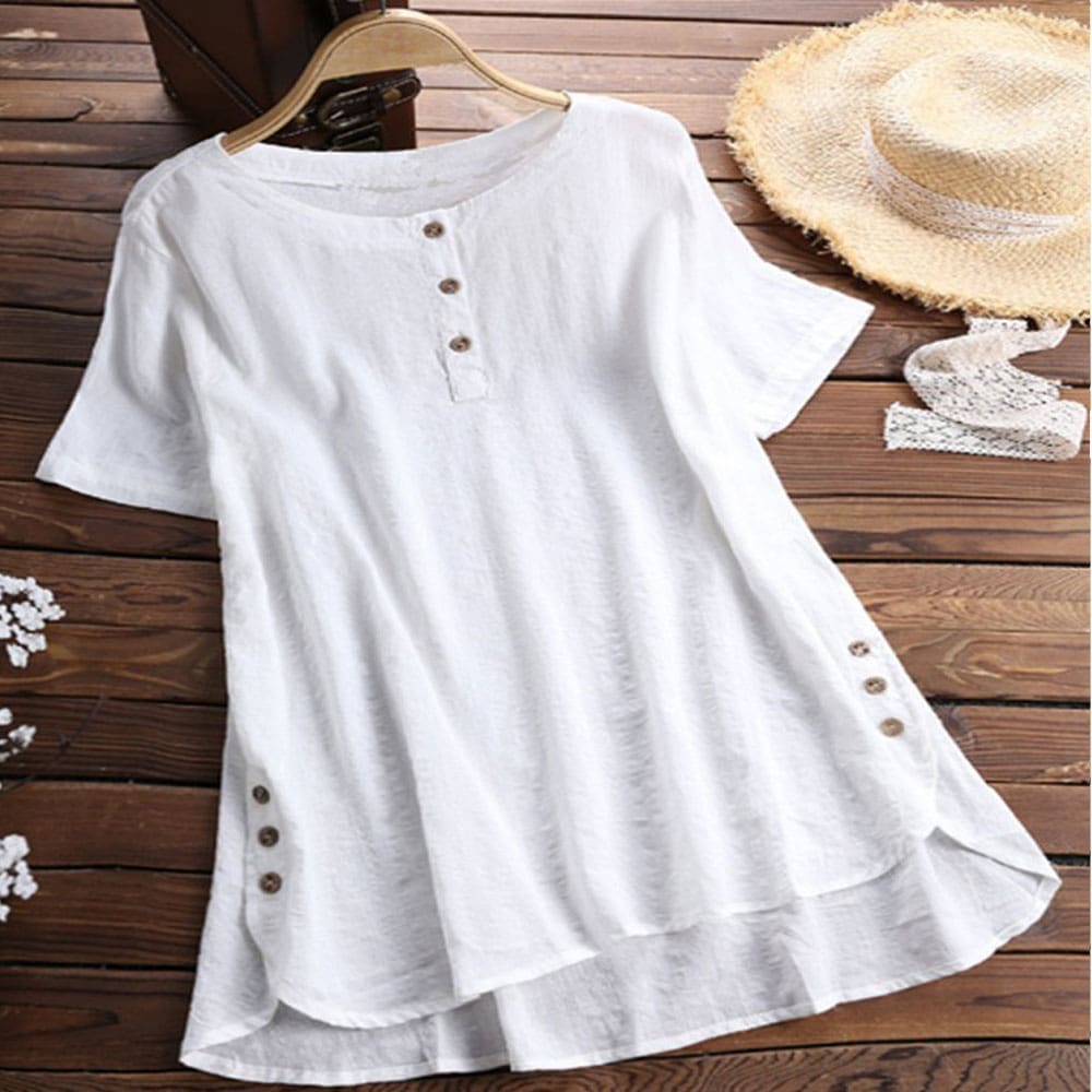 Plus Size Women Summer Button Crew Neck Blouses Loose Baggy Tops Tunic Shirts Ladies Casual Solid Short Sleeve Blouse