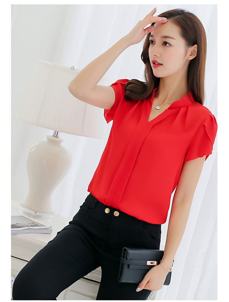 Fashion Women Summer Chiffon Slim Fit Short Sleeve Office Lady Solid Casual V-Neck Shirt Tops Blouse Shirt New