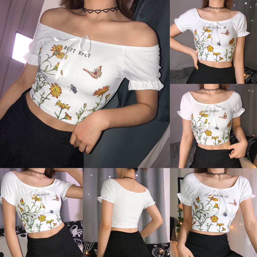 New Women Summer Floral Off Shoulder Tops Ladies Casual Blouse Short Sleeve Beach Holiday Slim Crop Top Shirt