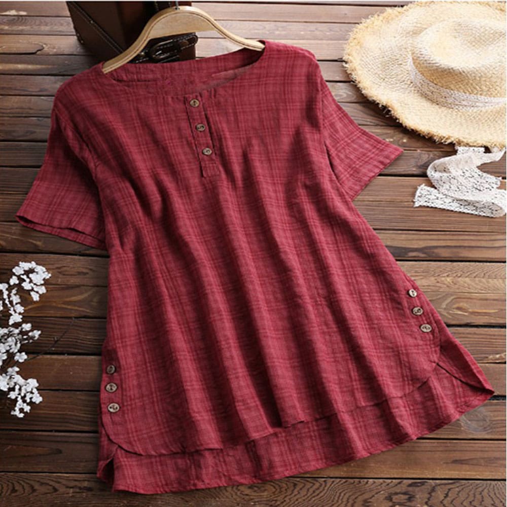 Plus Size Women Summer Button Crew Neck Blouses Loose Baggy Tops Tunic Shirts Ladies Casual Solid Short Sleeve Blouse