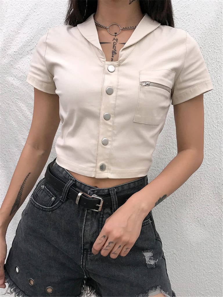 Casual Tank Tops Vest Blouse Short Sleeve Solid Button Short Crop Shirt