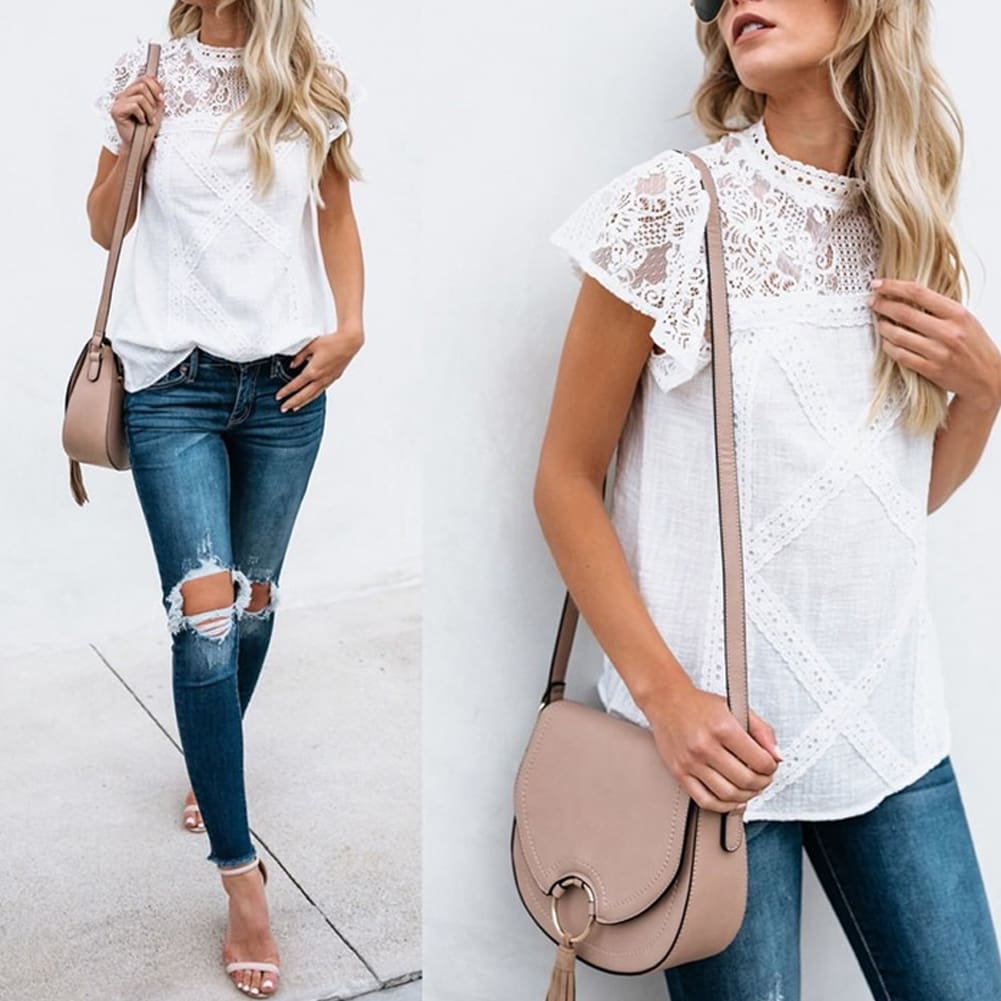 HOT Women Lace Patchwork Office Top Shirt 2019 Fashion Ladies High Neck Casual Loose Summer T-Shirt Streetwear