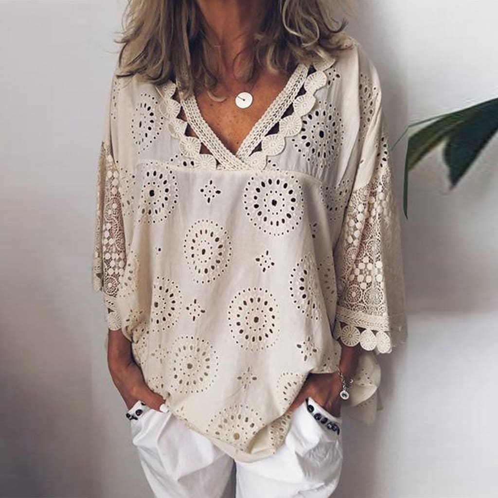 Women Blouse V-Neck Long Sleeve Embroidery Cotton Shirt Summer Holiday Ladies Casual Loose Solid Top Outwear