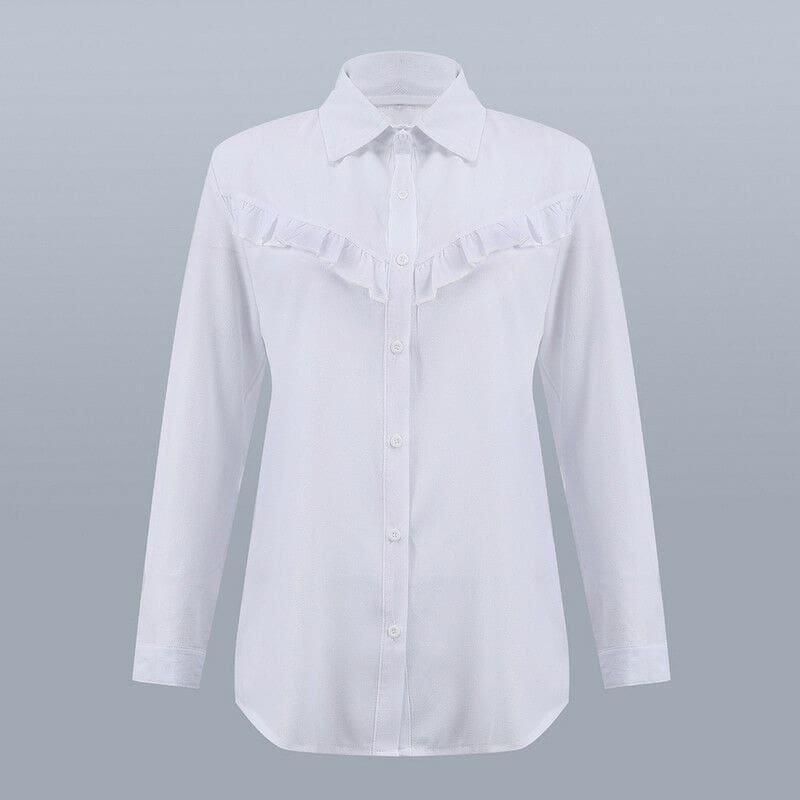 Hot Women Long Sleeve Ruffles White Shirt Blouse Ladies Casual Plain OL Blouse Work Shirt Summer V Neck Shirt