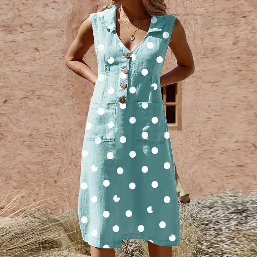 2019 Fashion Women Sleeveless Summer Polka Dot Dress Beach Ladies V Neck Casual Midi Shirt Beach Sundress