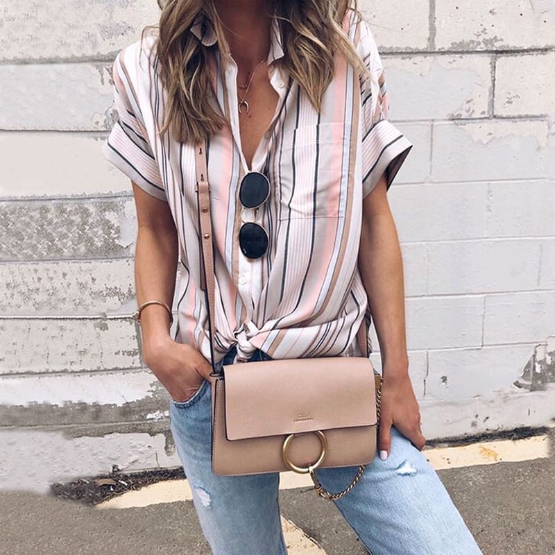 Summer Women Short Sleeve Loose Shirts Fashion Ladies Casual Striped V-Neck Baggy Blouse Tops Tunic Shirt