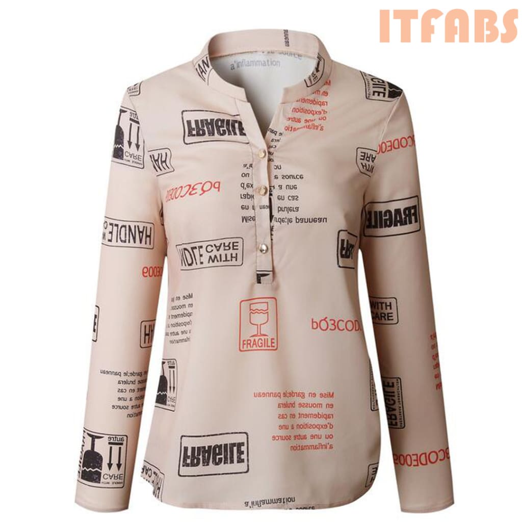 Women Long Sleeve V-neck Button Letter Print Shirt New Fashion OL Ladies Casual Long Sleeve Shirt 2 Colors