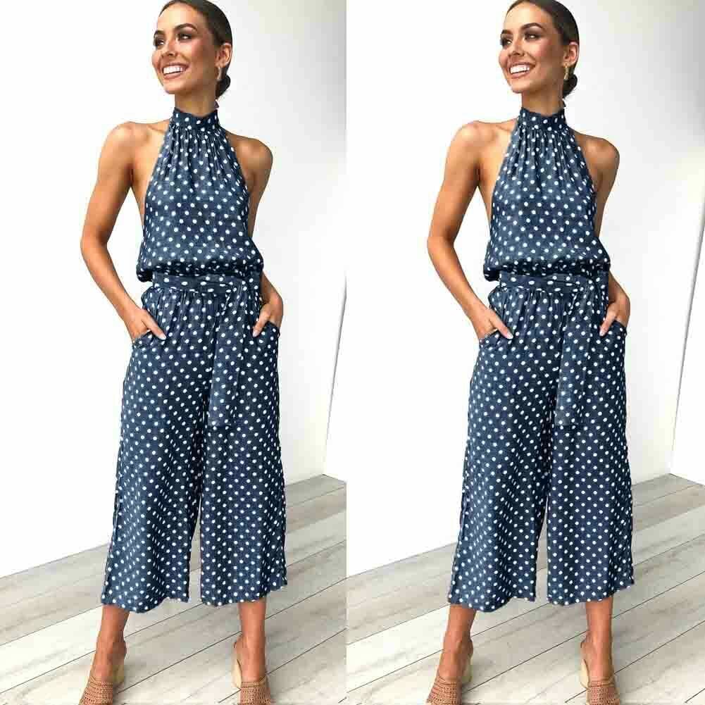 Women Polka Dot Sleeveless Halter Jumpsuit Playsuit Fashion New Ladies Party Summer Loose Wide Leg Romper Trousers