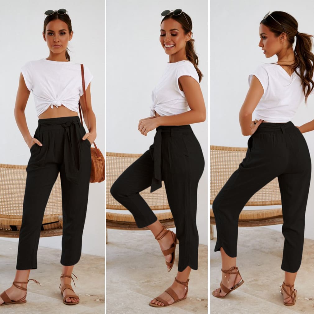 Ladies Women Plain Trouser Casual Summer Holiday Pants 2019 New Fashion Women Tie Up High Waist Slim Bottoms