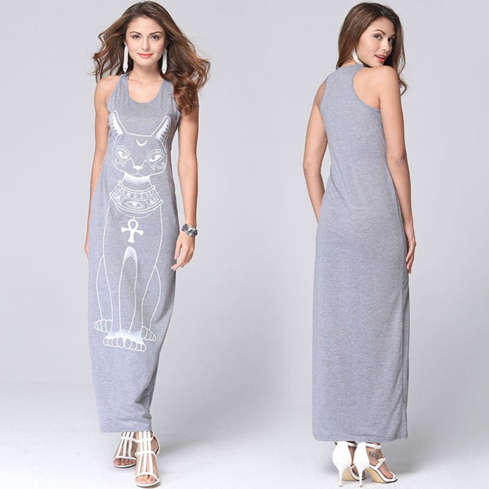 New Women Summer Long Dress Casual Sleeveless Bodycon Cat Print Party Beach Dress Long Loose Dress