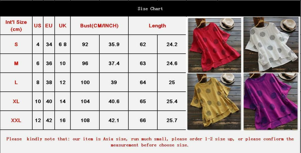 New Women Casual Summer Floral Vintage Round Neck Shirt Fashion Short Sleeve Coin Dots Loose Cotton T-Shirt