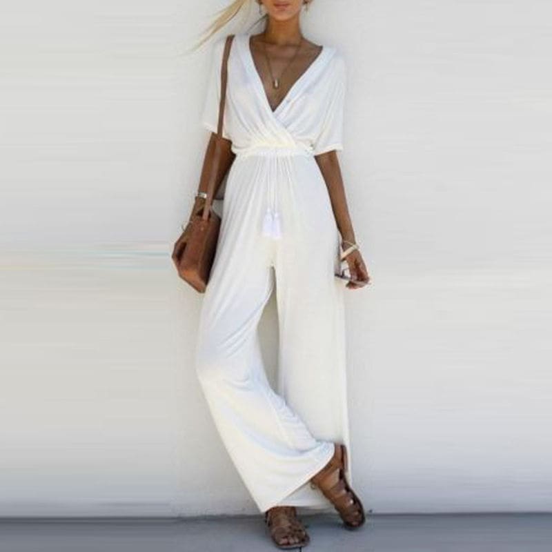 New Fashion Summer Casual Women V Neck Loose Playsuit Party Ladies Romper Solid Short Sleeve V Neck Long Jumpsuit