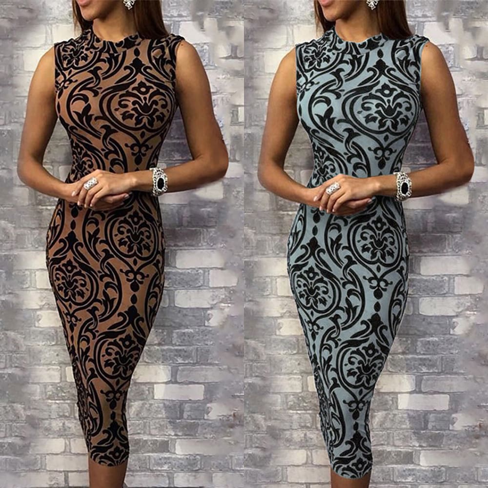 Ladies Dress Casual Sleeveless O Neck Evening Party Dress Midi Dress Women Sexy Bodycon Print Dresses