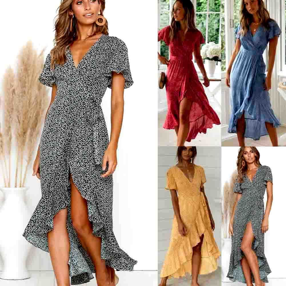 Women Ladies Summer Boho Short Sleeve Long Floral Dress Fashion Ruffle V-Neck Party Beach Dresses Sundress